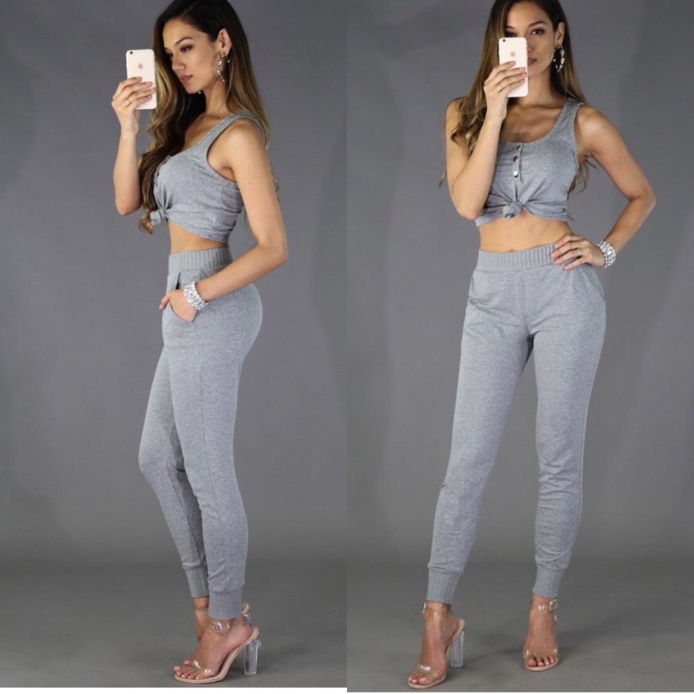 Two piece jogger crop top set.